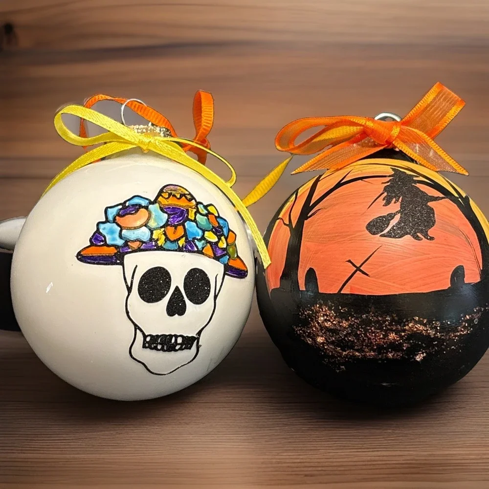2 Hand Painted Halloween & Day of the Dead Ball Ornaments Artist Signed